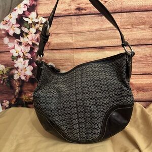 Coach Signature Black Gray Jacquard Shoulder Medium Bag with Leather Trim